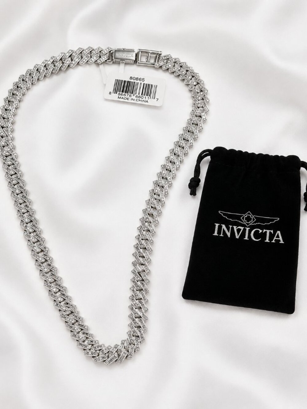 Invicta Elements 80865 Iced Out Cuban Link Necklace Silver 21.65" NWT